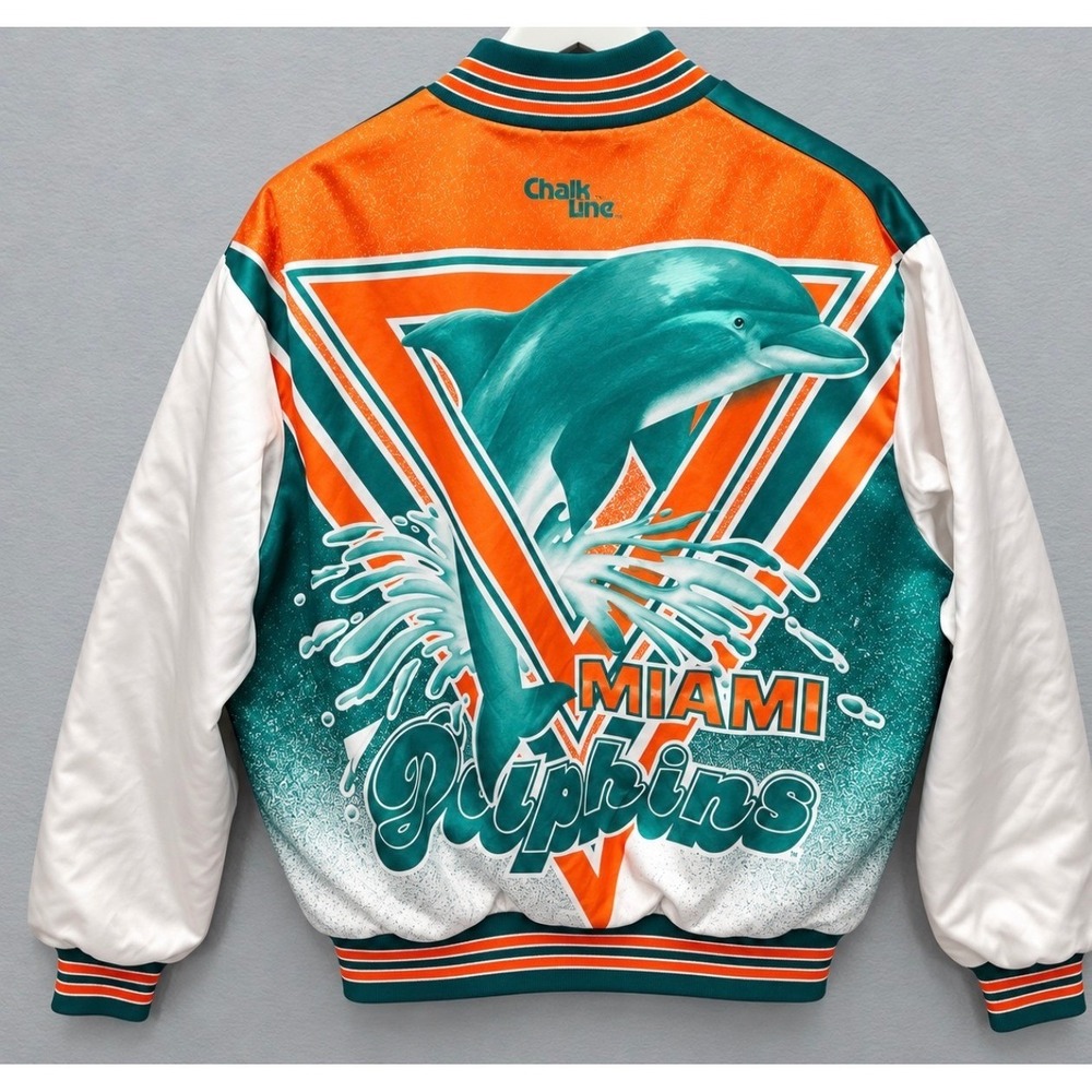 Vintage Chalk Line Miami Dolphins Satin Bomber Jacket XL Teal NFL Made in USA